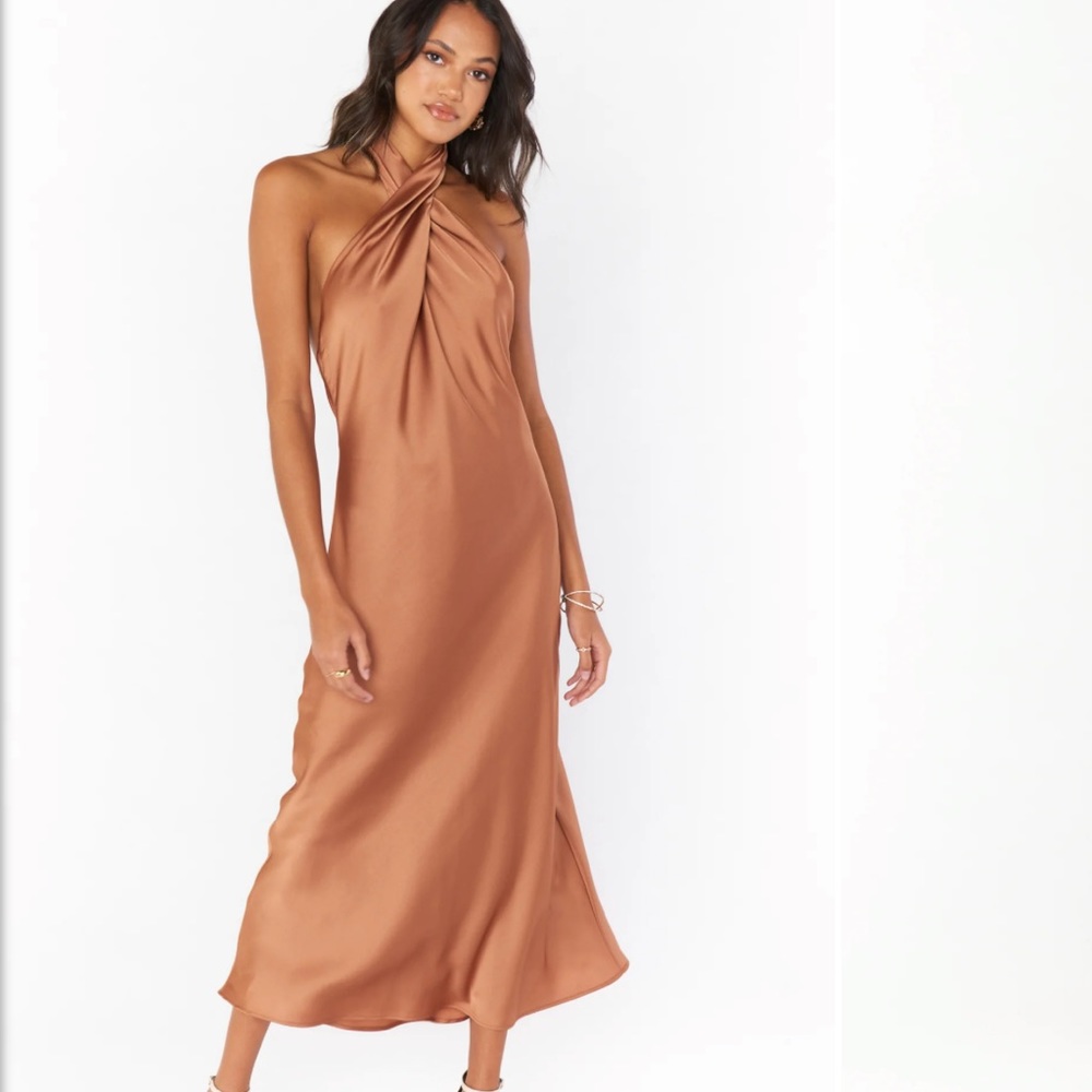 Show me your mumu Jasmine Halter Midi Dress in Copper Luxe Satin - size large